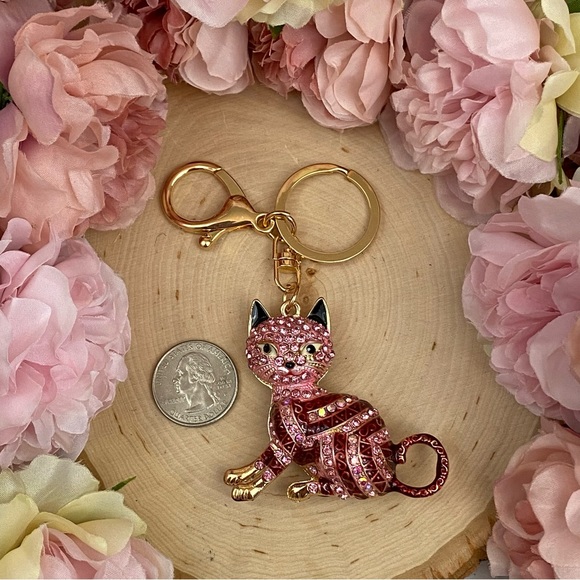 Pink Striped Crystal Egyptian Tabby Cat Keychain Charm - Picture 15 of 16